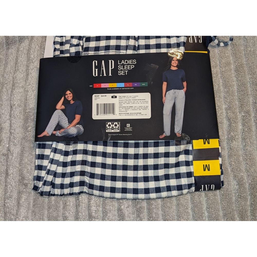 GAP Ladies Sleep Set Navy Gingham Pajama Relaxed Fit Medium NEW